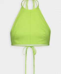Matthew Bruch Tie Halter Crop Top In Fluorescent Green Linen