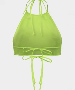 Matthew Bruch Tie Halter Crop Top In Fluorescent Green Linen