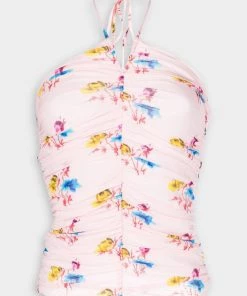 GANNI Mesh Ruched Halter Top In Light Lilac Just In