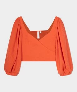 Jonathan Simkhai Mila Cotton Gauze Puff Sleeve Wrap Top In Chili Just In