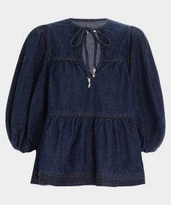 ZIMMERMANN Moonshine Tie Neck Blouse In Atlantic Featured Designers
