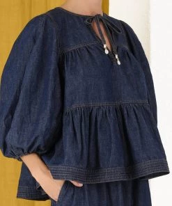ZIMMERMANN Moonshine Tie Neck Blouse In Atlantic Featured Designers