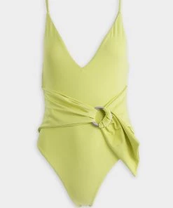 Jonathan Simkhai Niya Core Solid Deep V Tie Waist One Piece In Lime Just In