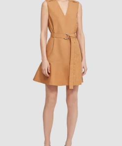 3.1 Phillip Lim Sleeveless Cotton Poplin V-Neck Belted Dress In Ochre Just In
