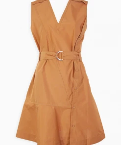 3.1 Phillip Lim Sleeveless Cotton Poplin V-Neck Belted Dress In Ochre Just In