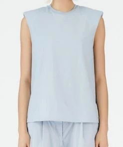 Tibi Padded Shoulder Sleeveless Top In Blue Grey Just In