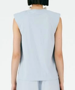 Tibi Padded Shoulder Sleeveless Top In Blue Grey Just In