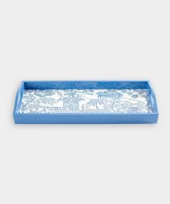 Caspari Pagoda Toile Lacquer Bar Tray In Blue