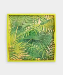 Caspari Just In Palm Fronds Lacquer Square Tray In Gold