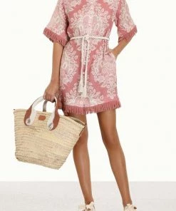 Zimmermann Just In Pattie Fringed Shirt Dress In Rose Baroque Floral