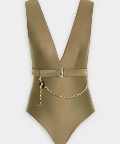 Zimmermann Pattie Plunge Chain One Piece In Olive Just In