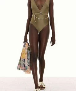 Zimmermann Pattie Plunge Chain One Piece In Olive Just In