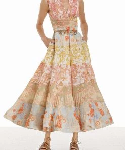 ZIMMERMANN Postcard Pleated Midi Dress In Spliced