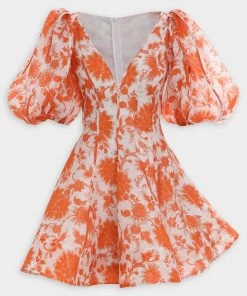 ZIMMERMANN Postcard Puff Sleeve Mini Dress In Orange Tonal Floral
