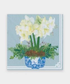 Caspari Potted Amaryllis Paper Luncheon Napkins In Pale Blue Home & Beauty