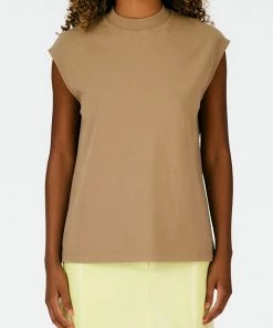 Tibi Punto Milano Mockneck T-Shirt In Light Ochre Brown Just In