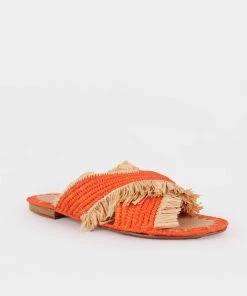 Melocotton Raffia Rope Cross Strap Flat Sandals In Orange
