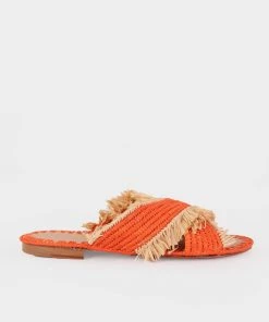 Melocotton Raffia Rope Cross Strap Flat Sandals In Orange
