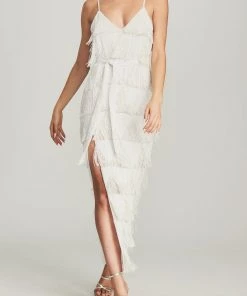 Retrofete Just In Rebecca Dress In White Fringe