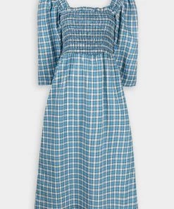 GANNI Seersucker Shirred Midi Dress In Check Azure Blue Just In
