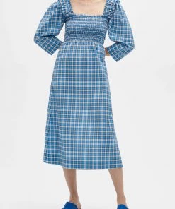 GANNI Seersucker Shirred Midi Dress In Check Azure Blue Just In