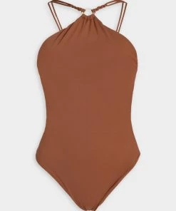 Jonathan Simkhai Shea Macrame Swimwear Halter One Piece In Coffee