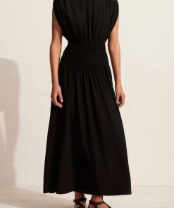 Matteau Shirred Boat Neck Dress In Black