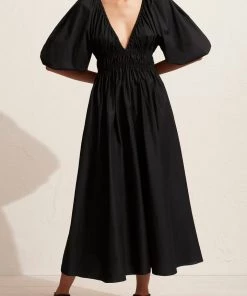 Matteau Shirred Plunge Dress In Black