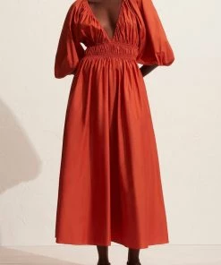 Matteau Shirred Plunge Dress In Terracotta