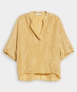 Vince. Just In Short Sleeve Crushed Band Collar Blouse In Wheat