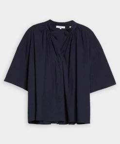 Vince. Just In Short Sleeve Shirred Band Collar Blouse In Coastal Blue