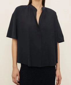 Vince. Just In Short Sleeve Shirred Band Collar Blouse In Coastal Blue