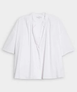 Vince. Short Sleeve Shirred Band Collar Blouse In Optic White