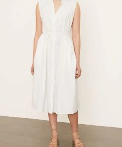 Vince. Just In Sleeveless Shirred Band Collar Dress In Optic White