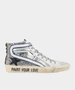 Golden Goose Slide Silver Glitter And Laminated Leather Sneaker