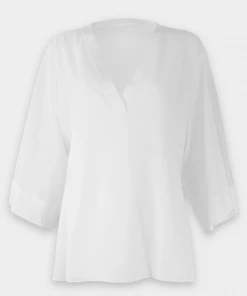 Vince. Rib Trim Double V Neck Long Sleeve Popover In Optic White Just In