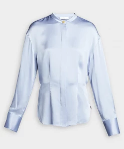 Vince. Silk Shaped Long Sleeve Band Collar Blouse In Peri Blue