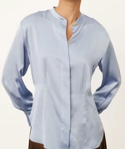 Vince. Silk Shaped Long Sleeve Band Collar Blouse In Peri Blue