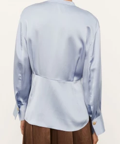 Vince. Silk Shaped Long Sleeve Band Collar Blouse In Peri Blue