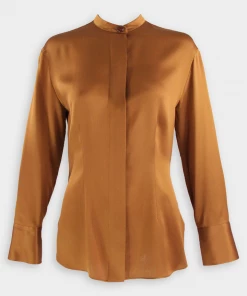 Vince. Just In Silk Shaped Long Sleeve Band Collar Blouse In Vicuna