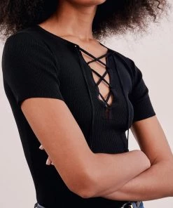 NILI LOTAN Just In Wells Lace Up Sweater In Black