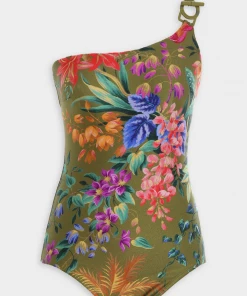 ZIMMERMANN Tropicana Asymmetrical One-Piece Swimsuit In Khaki Floral