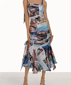 ZIMMERMANN Postcard Chain Tie Midi Dress In Large Poster Print