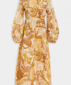 ZIMMERMANN Featured Designers Tempo Long Sleeve Midi Dress In Honey Collage