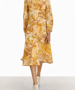 ZIMMERMANN Featured Designers Tempo Long Sleeve Midi Dress In Honey Collage